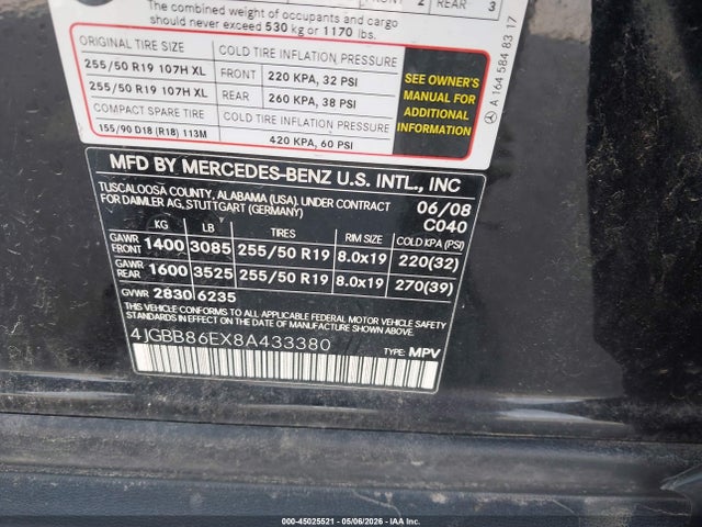 Продаж на аукціоні авто 2008 Mercedes-benz Ml 350 4matic, vin: 4JGBB86EX8A433380, номер лоту: 45025521