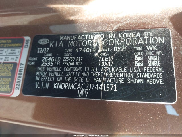 45025526 :رقم المزاد ، KNDPMCAC2J7441571 vin ، 2018 Kia Sportage Lx مزاد بيع