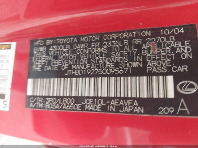 Aukcja sprzedaży 2005 Lexus Is 300, vin: JTHBD192750095671, numer aukcji: 45025532