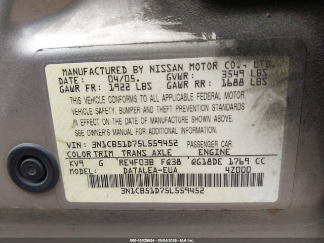 Auction sale of the 2005 Nissan Sentra 1.8s, vin: 3N1CB51D75L559452, lot number: 45025534