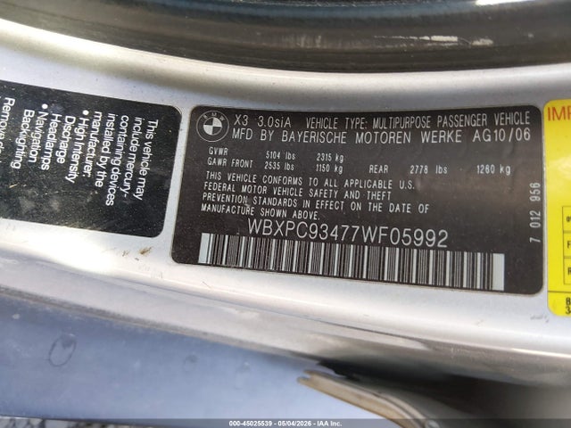 2007 Bmw X3 3.0si მანქანა იყიდება აუქციონზე, vin: WBXPC93477WF05992, აუქციონის ნომერი: 45025539