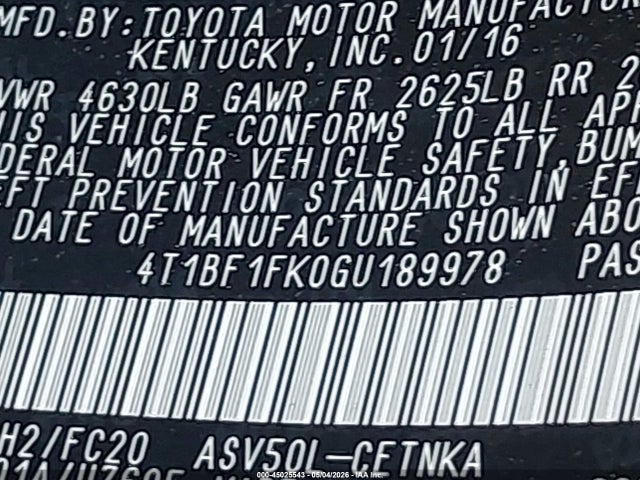 2016 Toyota Camry Le მანქანა იყიდება აუქციონზე, vin: 4T1BF1FK0GU189978, აუქციონის ნომერი: 45025543