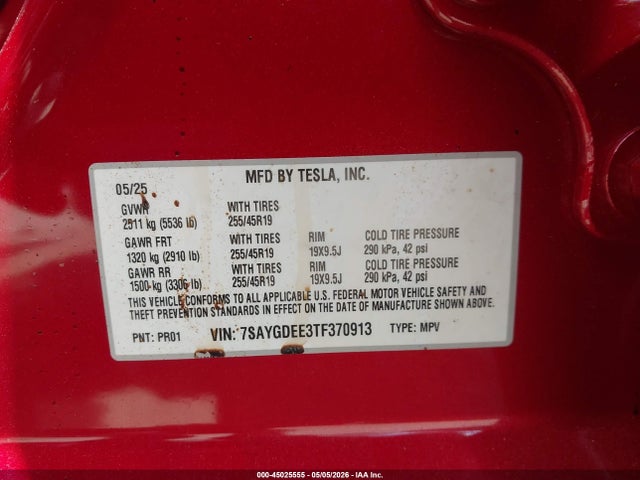 Aukcja sprzedaży 2026 Tesla Model Y All-wheel Drive/long Range Launch Series/premium All-wheel Drive, vin: 7SAYGDEE3TF370913, numer aukcji: 45025555