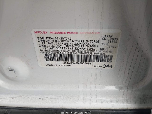 2010 Mitsubishi Outlander Es მანქანა იყიდება აუქციონზე, vin: JA4AS2AW3AZ000899, აუქციონის ნომერი: 45025560