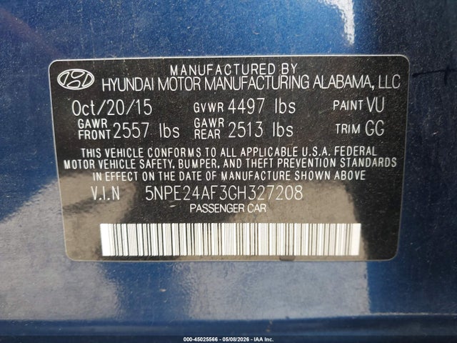 5NPE24AF3GH327208 Hyundai SONATA SE