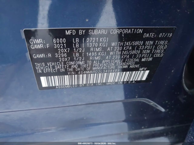 Продаж на аукціоні авто 2020 Subaru Ascent Touring, vin: 4S4WMARD2L3408489, номер лоту: 45025573