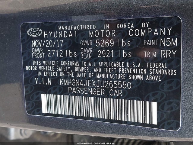 45025580 :رقم المزاد ، KMHGN4JEXJU265550 vin ، 2018 Genesis G80 3.8 مزاد بيع