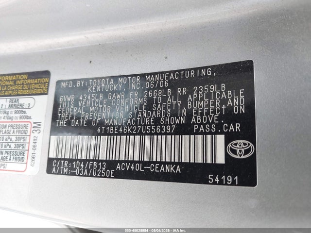 Продажа на аукционе авто 2007 Toyota Camry Le, vin: 4T1BE46K27U556397, номер лота: 45025584