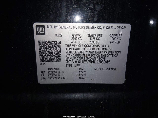 45025596 :رقم المزاد ، 3GNAXUEV5NL196045 vin ، 2022 Chevrolet Equinox Awd Lt مزاد بيع