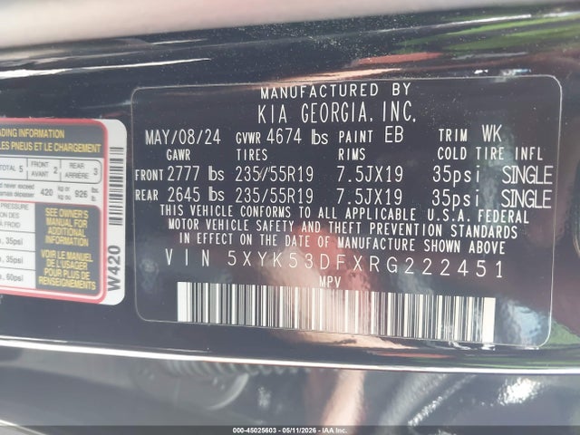 Aukcja sprzedaży 2024 Kia Sportage Sx-prestige, vin: 5XYK53DFXRG222451, numer aukcji: 45025603