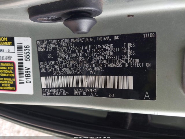 2009 Toyota Sienna Le მანქანა იყიდება აუქციონზე, vin: 5TDZK23C09S271704, აუქციონის ნომერი: 45025605
