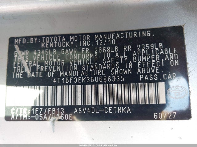 45025627 :رقم المزاد ، 4T1BF3EK3BU686335 vin ، 2011 Toyota Camry Le مزاد بيع