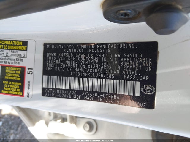 Aukcja sprzedaży 2019 Toyota Camry Le, vin: 4T1B11HK9KU267985, numer aukcji: 45025632