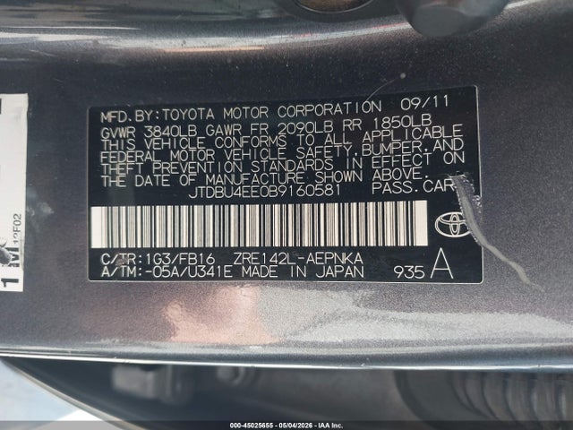 2011 Toyota Corolla Le მანქანა იყიდება აუქციონზე, vin: JTDBU4EE0B9160581, აუქციონის ნომერი: 45025655