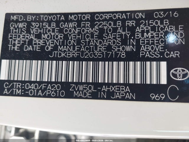 45025669 :رقم المزاد ، JTDKBRFU2G3517178 vin ، 2016 Toyota Prius Two مزاد بيع