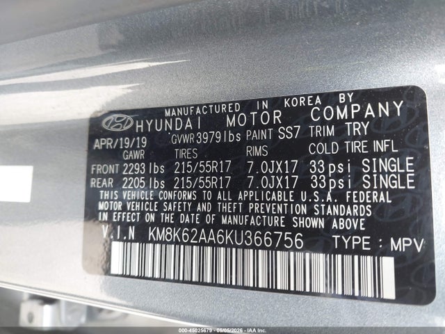 45025679 :رقم المزاد ، KM8K62AA6KU366756 vin ، 2019 Hyundai Kona Sel مزاد بيع