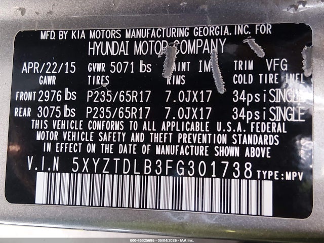 45025685 :رقم المزاد ، 5XYZTDLB3FG301738 vin ، 2015 Hyundai Santa Fe Sport 2.4l مزاد بيع