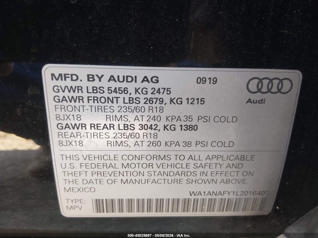 2020 Audi Q5 Premium 45 Tfsi Quattro S Tronic/titanium Premium 45 Tfsi Quattro S Tronic მანქანა იყიდება აუქციონზე, vin: WA1ANAFY1L2016400, აუქციონის ნომერი: 45025697