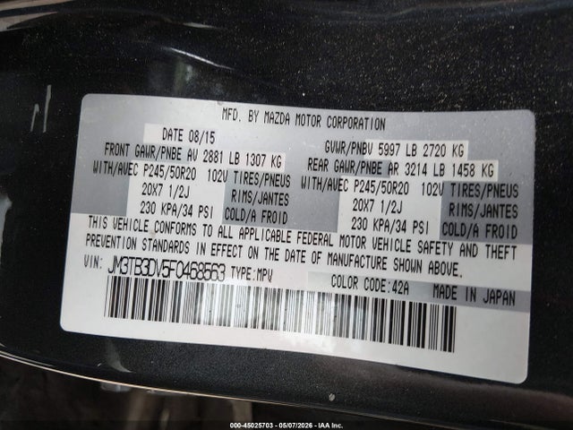 Aukcja sprzedaży 2015 Mazda Cx-9 Grand Touring, vin: JM3TB3DV5F0468563, numer aukcji: 45025703