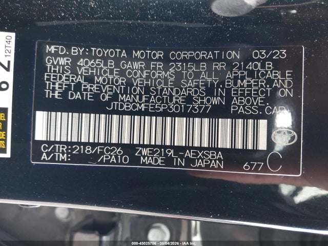 JTDBCMFE5P3017377 Toyota Corolla Hybrid Se