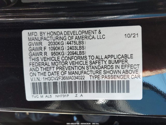 Продажа на аукционе авто 2021 Honda Accord Sport 2.0t, vin: 1HGCV2F36MA034022, номер лота: 45025708