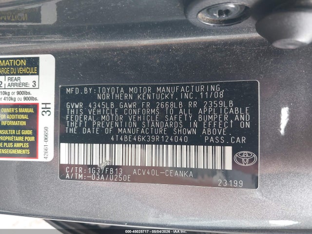 45025717 :رقم المزاد ، 4T4BE46K39R124040 vin ، 2009 Toyota Camry Le مزاد بيع