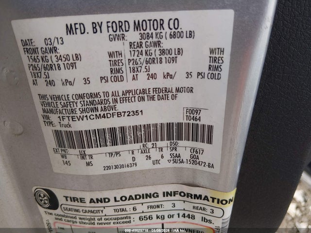 Aukcja sprzedaży 2013 Ford F-150 Xlt, vin: 1FTEW1CM4DFB72351, numer aukcji: 45025718