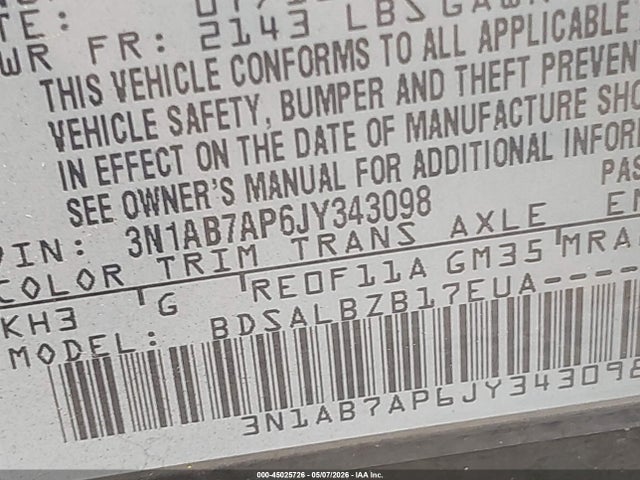 3N1AB7AP6JY343098 Nissan SENTRA S