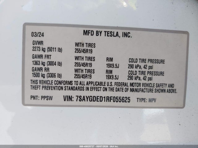 45025727 :رقم المزاد ، 7SAYGDED1RF055625 vin ، 2024 Tesla Model Y Long Range Single Motor Rear-wheel Drive/rwd مزاد بيع