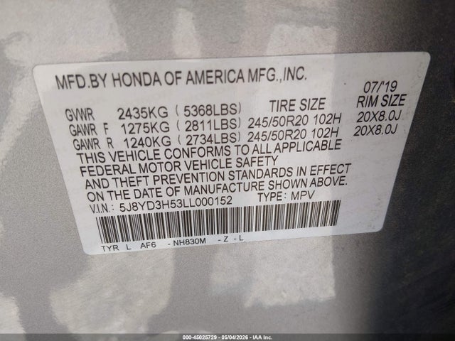 Aukcja sprzedaży 2020 Acura Mdx Technology Package, vin: 5J8YD3H53LL000152, numer aukcji: 45025729