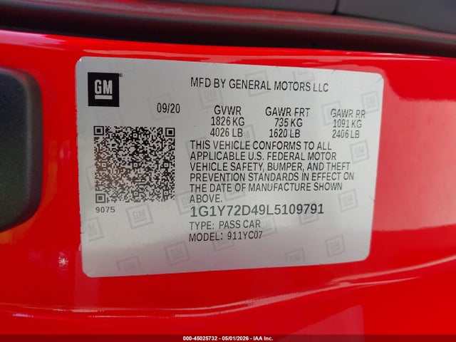 1G1Y72D49L5109791 Chevrolet Corvette Stingray Rwd 2lt
