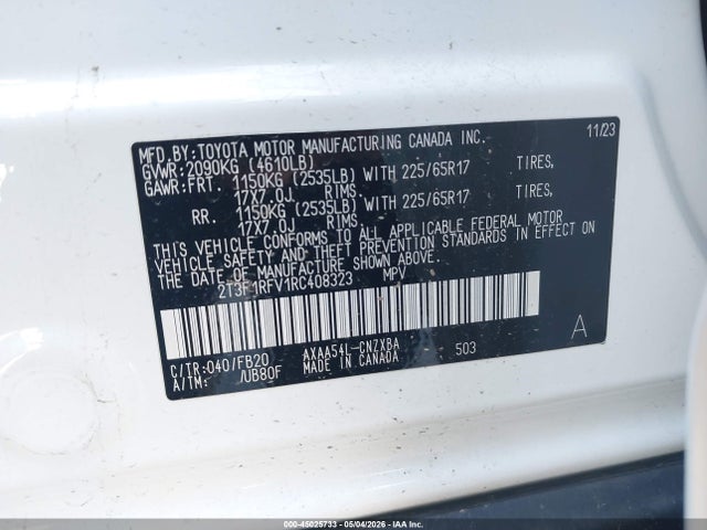 Aukcja sprzedaży 2024 Toyota Rav4 Le, vin: 2T3F1RFV1RC408323, numer aukcji: 45025733