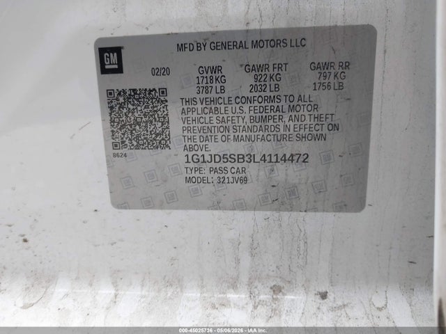 Продаж на аукціоні авто 2020 Chevrolet Sonic Fwd  Lt, vin: 1G1JD5SB3L4114472, номер лоту: 45025736