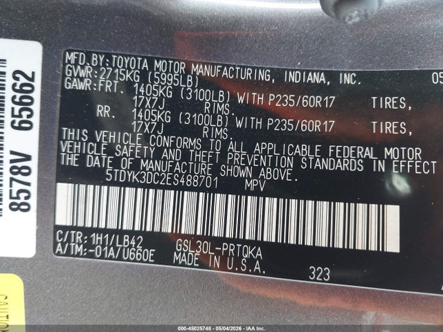 5TDYK3DC2ES488701 Toyota Sienna Xle V6 8 Passenger