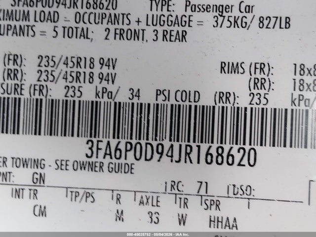 45025752 :رقم المزاد ، 3FA6P0D94JR168620 vin ، 2018 Ford Fusion Titanium مزاد بيع