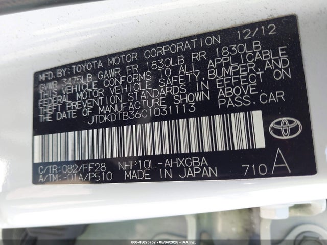 45025757 :رقم المزاد ، JTDKDTB36C1031113 vin ، 2012 Toyota Prius C Three مزاد بيع