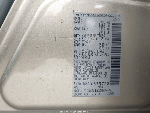 2023 Infiniti Qx60 Sensory Awd მანქანა იყიდება აუქციონზე, vin: 5N1DL1GS9PC359728, აუქციონის ნომერი: 45025758