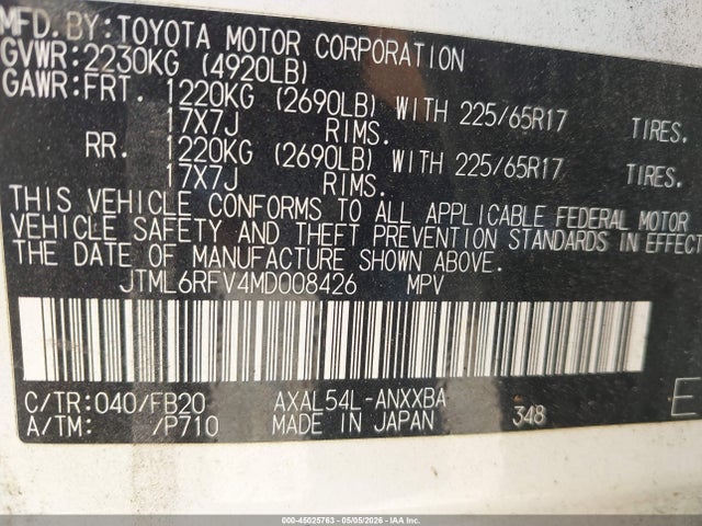 Продажа на аукционе авто 2021 Toyota Rav4 Hybrid Le, vin: JTML6RFV4MD008426, номер лота: 45025763