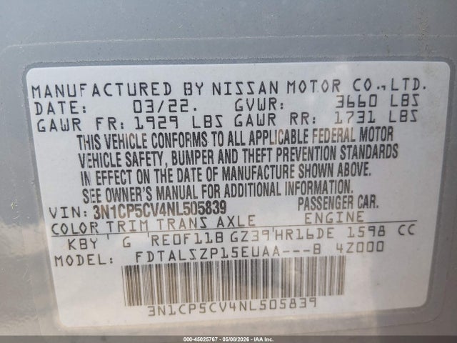 Aukcja sprzedaży 2022 Nissan Kicks Sv Xtronic Cvt, vin: 3N1CP5CV4NL505839, numer aukcji: 45025767