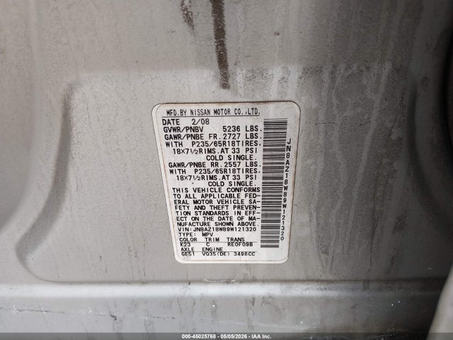 Продажа на аукционе авто 2009 Nissan Murano S, vin: JN8AZ18W89W121320, номер лота: 45025768