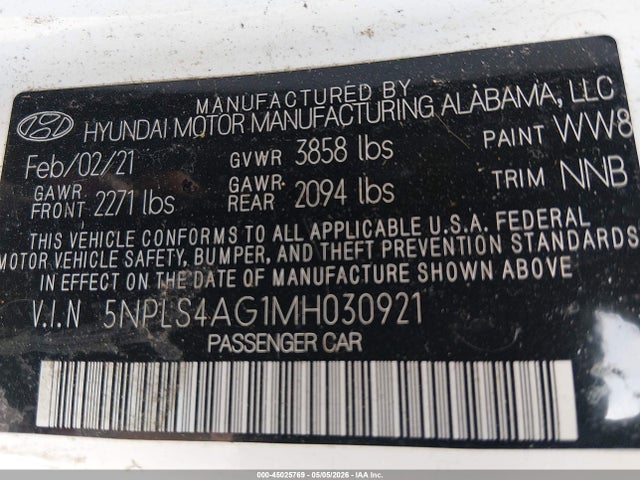 Auction sale of the 2021 Hyundai Elantra Sel, vin: 5NPLS4AG1MH030921, lot number: 45025769
