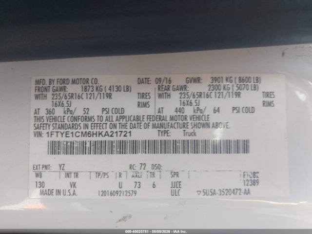 Aukcja sprzedaży 2017 Ford Transit-150, vin: 1FTYE1CM6HKA21721, numer aukcji: 45025781