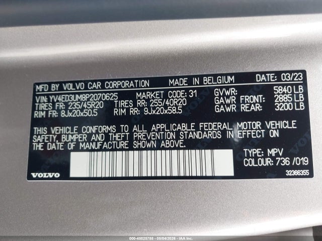 45025788 :رقم المزاد ، YV4ED3UM8P2070625 vin ، 2023 Volvo Xc40 Recharge Pure Electric Twin Ultimate مزاد بيع