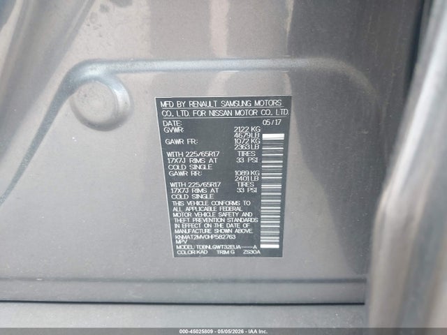 45025809 :رقم المزاد ، KNMAT2MV0HP582763 vin ، 2017 Nissan Rogue Sv مزاد بيع