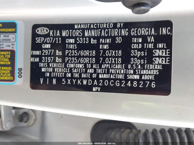 Продаж на аукціоні авто 2012 Kia Sorento Sx V6, vin: 5XYKWDA20CG248276, номер лоту: 45025816