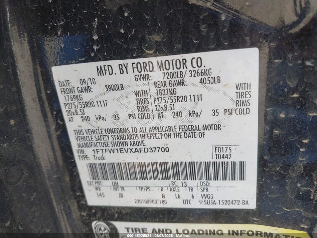 45025821 :رقم المزاد ، 1FTFW1EVXAFD37700 vin ، 2010 Ford F-150 Fx4/harley-davidson/king Ranch/lariat/platinum/xl/xlt مزاد بيع