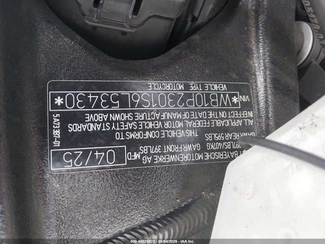 45025823 :رقم المزاد ، WB10P2301S6L53430 vin ، 2025 Bmw S 1000 Rr مزاد بيع