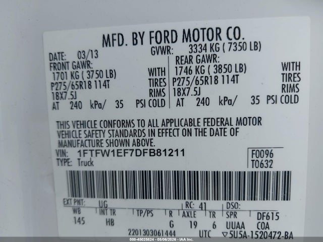 Продаж на аукціоні авто 2013 Ford F-150 Lariat, vin: 1FTFW1EF7DFB81211, номер лоту: 45025824