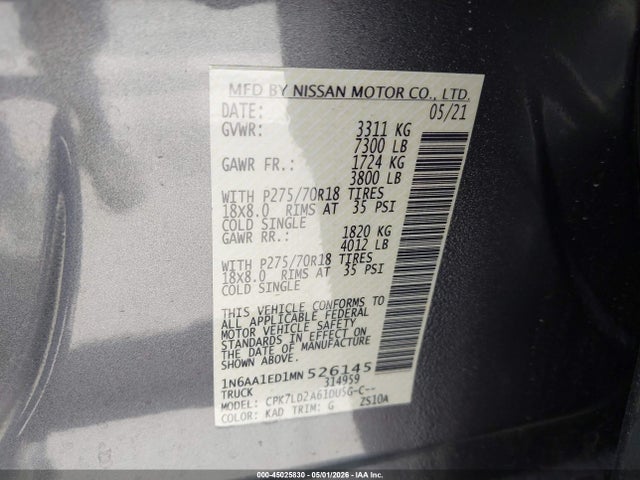 Aukcja sprzedaży 2021 Nissan Titan Pro-4x 4x4, vin: 1N6AA1ED1MN526145, numer aukcji: 45025830