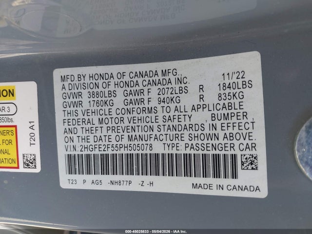 Auction sale of the 2023 Honda Civic Sport, vin: 2HGFE2F55PH505078, lot number: 45025833